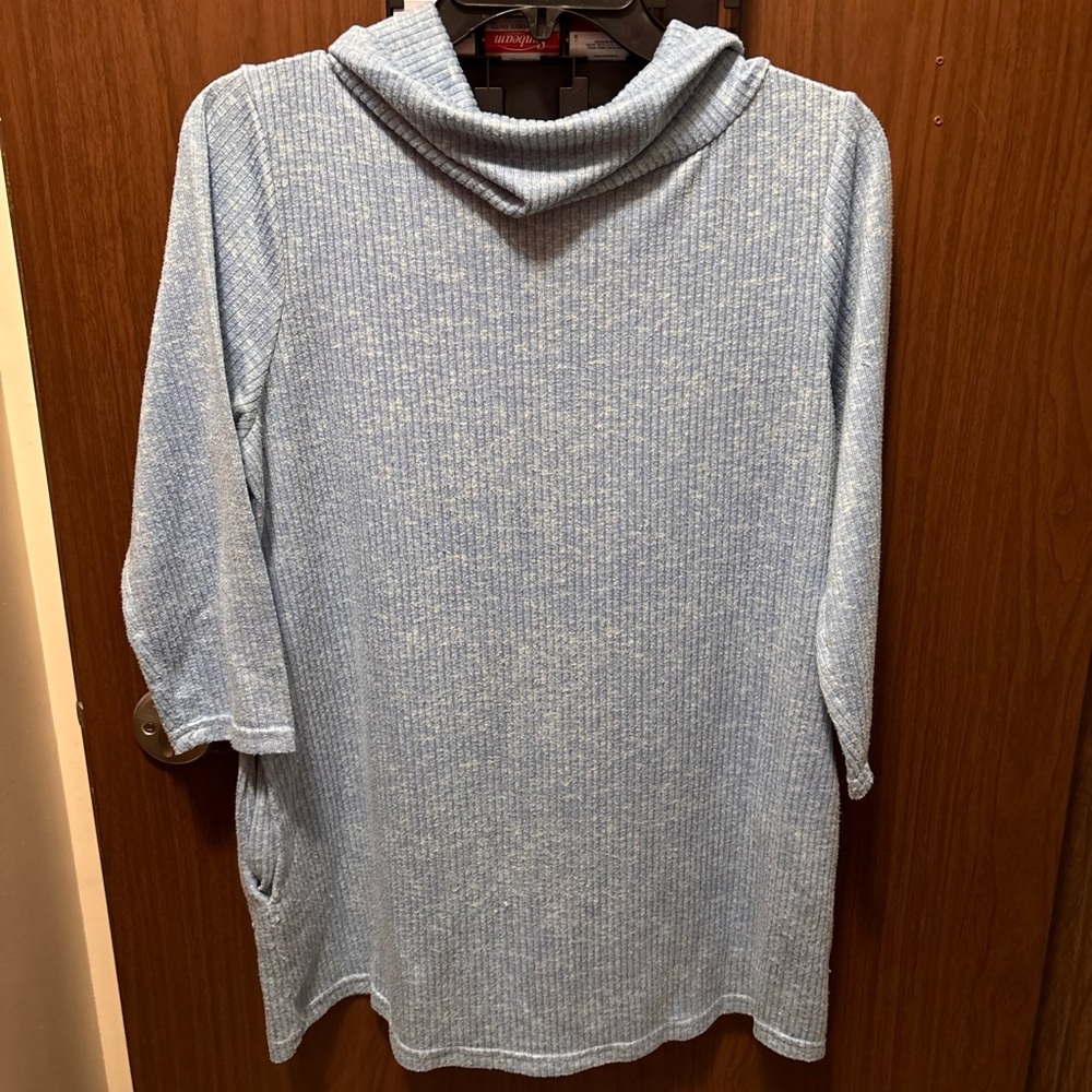 Nicole Miller New York Blue Ribbed Cowl Neck Top
